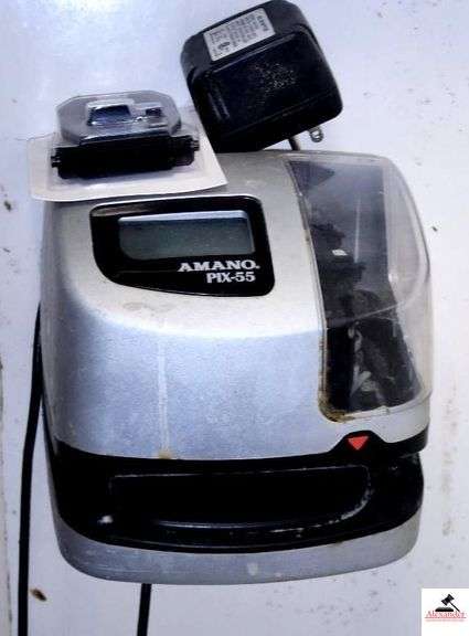 AMANO PIX 55 EMPLOYEE TIME CLOCK(KITCHEN)- 25 SLOT EMPLOYEE TIME CARD RACK -(KITCHEN)ARRAY MULTI FOLD TOWEL DISPENSER(KITCHEN)-ARRAY LIQUID SOAP DISPENSER-(KITCHEN WALL) image