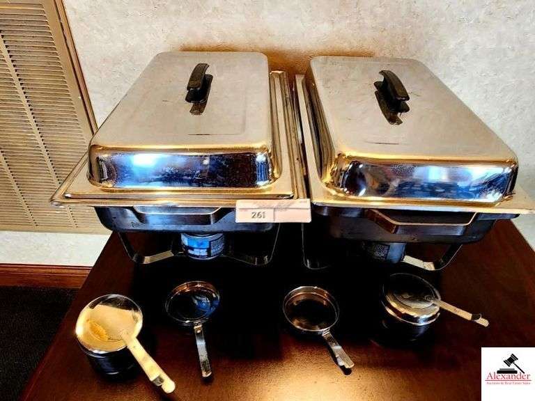(2) STAINLESS CHAFING SERVING PANS W/ RACK, BURNER, LID,  & EXTRA ATTACHMENTS image