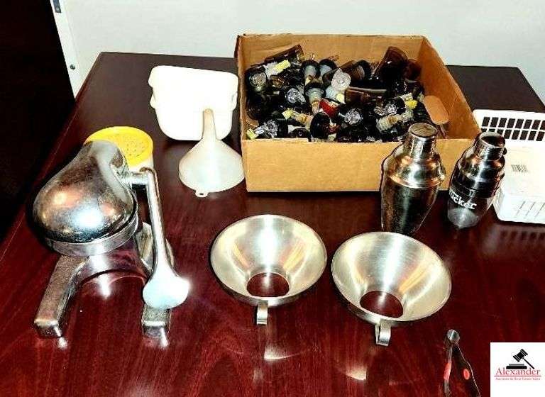 STAINLESS JUICER - 2 STAINLESS FUNNELS -BAG OF BLUE BEADS  COCKTAIL SHAKERS - BEVERAGE SPOUTS- 2 SMALL PLASTIC TUBS - PLASTIC TRAY - TONGS (DINING ROOM) image