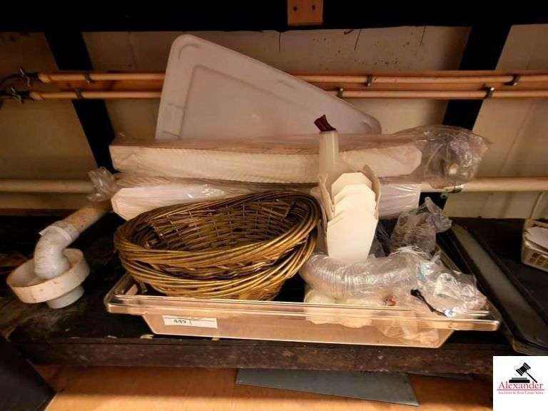 PLASTIC STORAGE BOX W/ LID- (2)GOLD SHIMMER WICKER BASKETS- PLASTIC TO GO SAUCE CUPS W/LIDS- 100+/- WHITE PAPWER FOLOPAK PARTY FAVOR BOXES- UPSTAIRS KITCHEN image