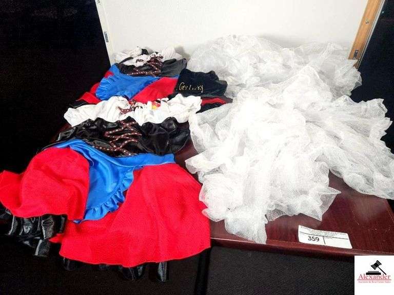 (2) WAITRESS SHORTS COSTUME DRESS-RED, WHITE, BLUE, & BLACK- (2) COSTUME SKIRTS- ST PATTY'S DAY HAT image