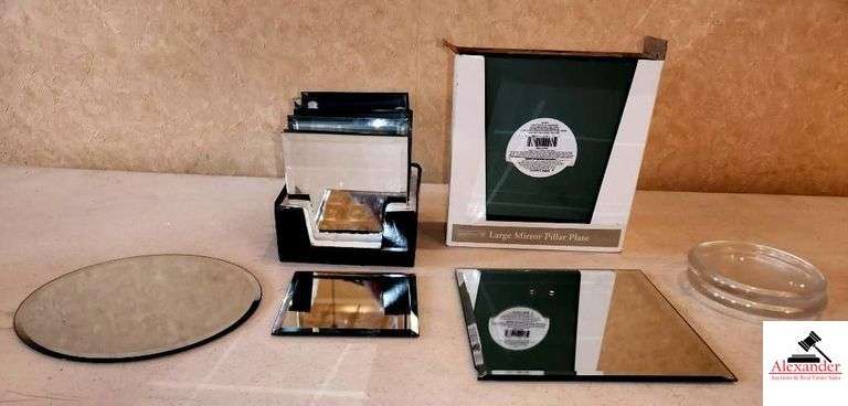 DISPLAY MIRROR PILLAR PLATES  - (14) 5X5" SMALL SQUARES -*8)  LARGE SQUARE   & 1 ROUND ) (1 SMALL HAS CHIPPED) image