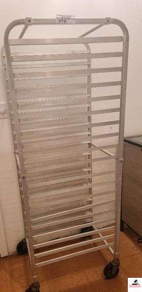 ALUMINUM ROLLING BREAD TRAY RACK HOLDS 19 BREAD TRAYS- MISSING ONE RACK(UPSTAIRS) image