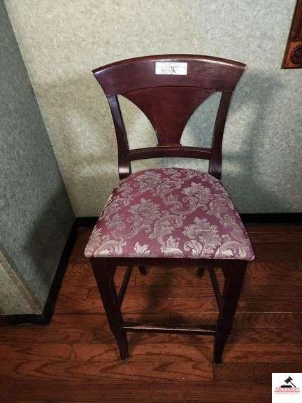 (9) SHAFER BAR CHAIRS-UPHOLSTERED SEATS CHAIRS ARE DARK MAHOGANY IN COLOR-TAPERED VASE SLAT BACK(DOWNSTAIRS, BAR) image