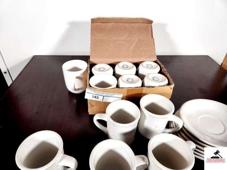 (14) THE DISH FACTORY WHITE PORCELAIN COFFEE CUPS-(1) MAINSTAY COFFEE CUP-(7) COFFEE SAUCERS image