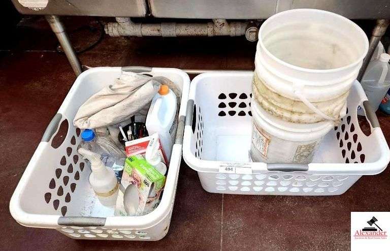 2 PLASTIC BASKETS - WHITE BUCKETS - PAINTER CLOTH  - MISC. (KTCHEN) image