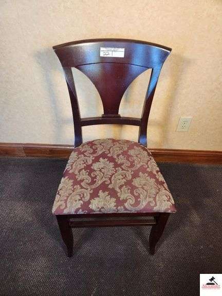 (7) SHAFER CHAIRS-(1)CAPTAIN'S CHAIR UPHOLSTERED SEATS-CHAIRS ARE DARK MAHOGANY STYLE COLOR - TAPERED VASE SLAT BACK(UPSTAIRS) image