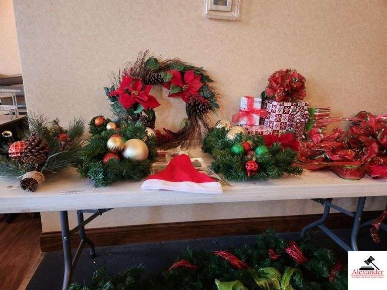 CHRISTMAS ORNAMENTS - WREATHS - WRAPPED BOXES  - CHRISMAS HATS   - TUB - RIBBONS & BEADS - UPSTAIRS DINING ROOM image