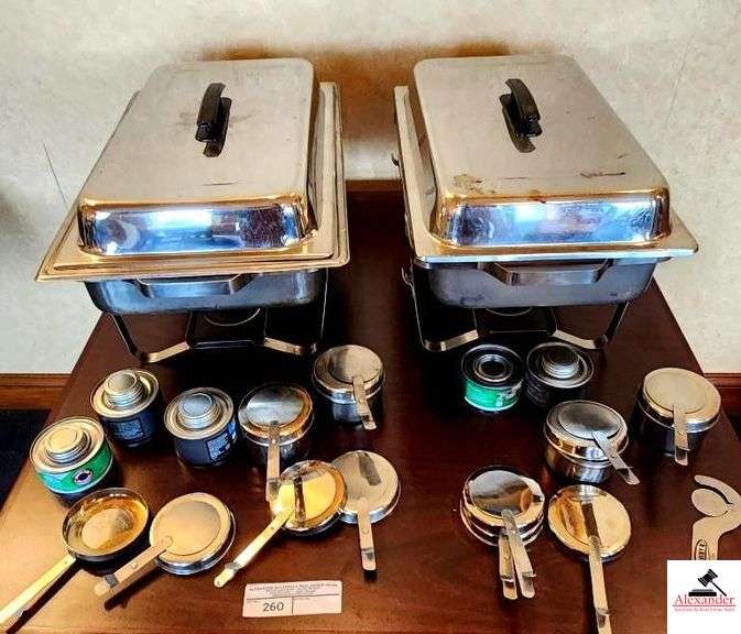 (2)STAINLESS CHAFING SERVING PANS W/LIDS, RACK, BURNER, & EXTRA ATTACHMENTS image