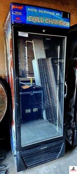 HUSSMANN COMMERCIAL UPRIGHT COOLER BUDWEISER AD ON LEFT SIDE-BUD LIGHT AD ON RIGHT SIDE-12V- MODEL #CHB-ARV-570 H EX-GAP SHED image
