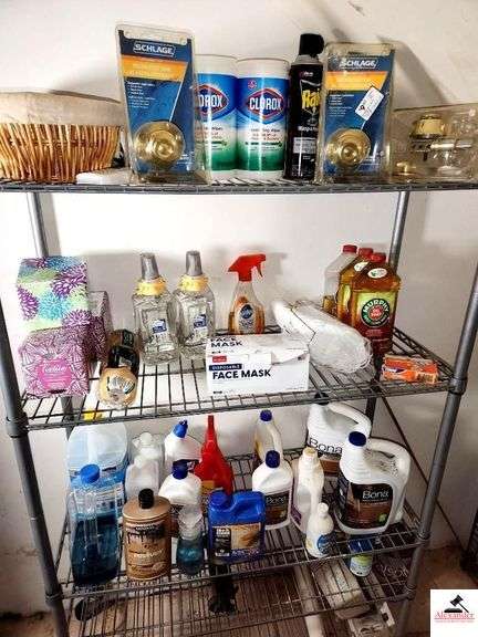 WHITE STORAGE STAND-W/ INVENTORY- 3 SMALL WHITE RACKS W/ INVENTORY- MURPHY OIL SOAP, PLEDGE, HANDWASH, FACE TISSUE, FACE MASK, DOOR KNOB, COMMODE SEAT, PLASTIC STAND, MISC ITEMS- LADIES DOWNSTAIRS RESTROOM image