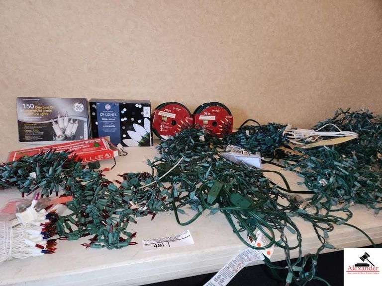 CHRISTMAS LIGHTS - STRING LIGHTS - RED - MULTI COLORS - APPOX 14 SETS - USED -  PJLUS GE 150 COMMERICAL GRADE MINI LIGHTS - BOX OF WHITE INDOOR/OUTDOOR -   2 70 COUNT IN BOX -IN GREY TUB image