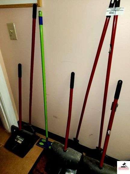 (3) BROOMS W/ UPRIGHT STANDING DUSTPAN- (2) HANDHELD DUSTPANS- SWIFFER MOP- SHARK FLOOR/CARPET RECHARGEABLE VACCUM- NO CHARGING CORD-UTILITY CLOSET UPSTAIRS image