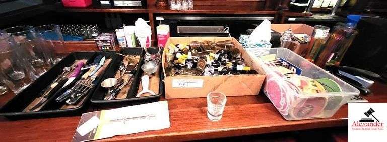 BAR SUPPLIES -BOX OF  LIQUOR POURS - SMALL ICE SCOOPS - CUTTERS -  OFFICE SUPPLIES - STAPLE GUN - CALCULATOR - GREAT RECIPES - image