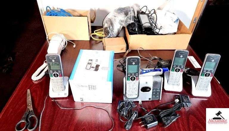(4) TELEPHONES - CORDLESS & LANDLINE PHONES - AT&T II CORDLESS ANSWERING SYSTEM WITH CALLER I.D. AND CALL WATING - PUSH TO TALK - DELL SPEAKERS - COMPUTER MOUSE - WIRES - BLUE LABL PEN - USB CABLE  (3) PHANASONIC CORDLESS PHONES & MISC. - (BLUE PHONE WIRE NOT INCLUDED)  (DINING ROOM) image
