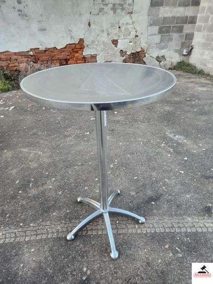 (3) CHROME ROUND BAR TABLES WITH GLASS BUDWEISER EMBOSSED TABLE TOP- 43.5" TALL & 28" DIAMETER TOP image