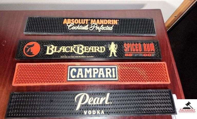 RUBBER BAR RAIL DRIP MATS-ABSOLUT MANDRIN, BLACKBEARD SPICED RUM, CAMPARI, PEARL VODKA- 23-1/4" X 3-1/2" image
