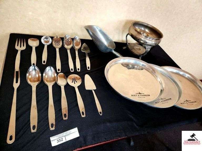 (13) SERVING UTENSILS SPOONS - SLOTTED SPOONS - PIE SERVER - SCOOP - (3) MOET & CHANDON ROUND  SERVING TRAYS  - BOTTOM CHAFING DISH (PREP AREA UPSTAIRS) image