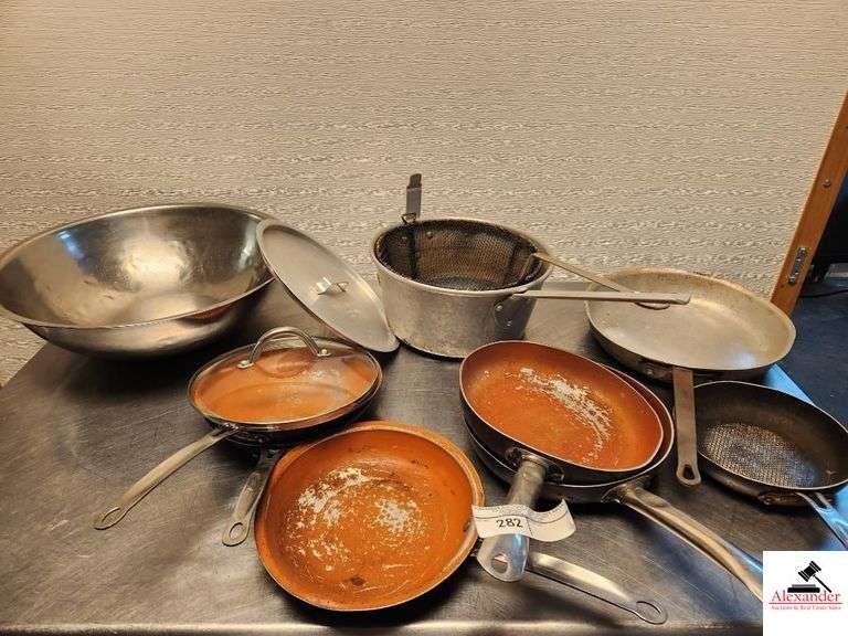 COOKING POT WITH FRYER BASKET-LARGE ALUMINIM SKILLET- 6 OLD SKIILLETS- EXTRA  LIDS image