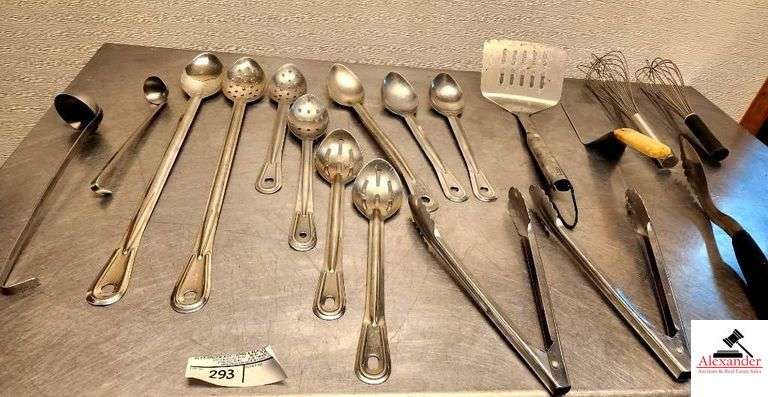 KITCHEN UTENSILS - ((9) SPOON, SOLID & SLOTTED - 2 LADELS - GRILL WEABER TURNER - (2) WIRE WISKS - (3) SET OF TONG - 2 STAINLESS GOURMET BUFFET PITCHERS image