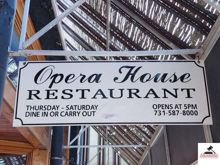 (2) OPERA HOUSE RESTAURANT SIGNS  - UNHOOK FROM BRACKETS - BRACKETS REMAIN WITH BUILDING - ONE IN FRONT AND ONE IN REAR  -46 1/2" WIDE    X 16 1/2 DEEP - HANGING SIGN IN FRONT AND STICK UP SIGN IN REAR image