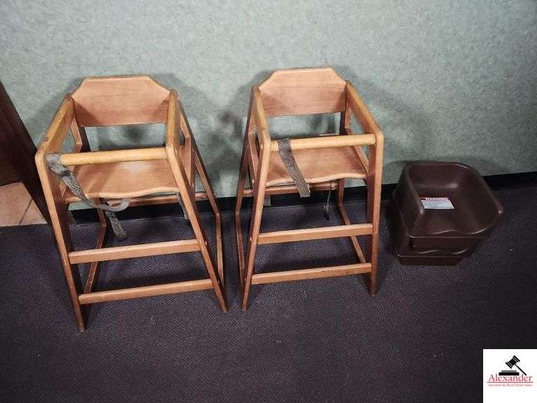 (2) WOODEN CHILD'S HIGH CHAIRS- (2) PLASTIC BOOSTER SEATS DOWNSTAIRS image