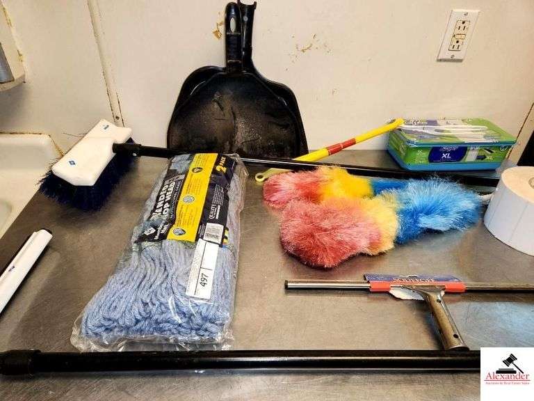 NEW MOP HEAD - DUSTERS - MASTER SQUEEZER -  BRUSH - 3 DUST PANS - SWIFTER DUSTER - ROLL OF WHITE LABELS - ECOLEB SQUEEGEE - (KITCHEN) image