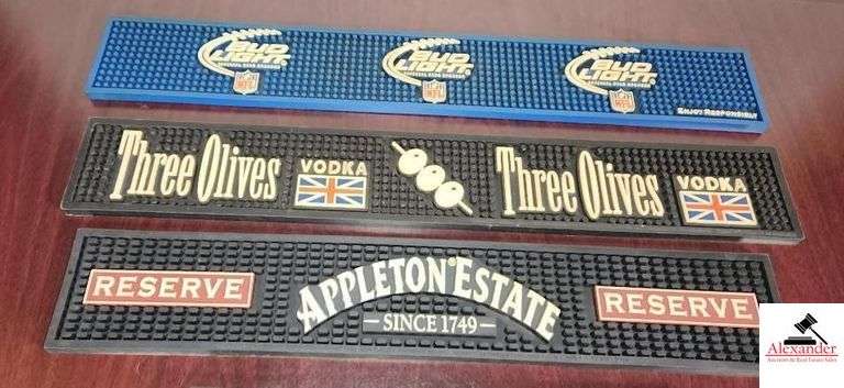 RUBBER BAR RAIL DRIP MATS-BUDLIGHT, THREE OLIVES VODKA, APPLETON ESTATE RESERVE- 23-1/4" LONG image