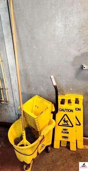 COMMERCIAL MOP BUCKET W/  MOP- WET FLOOR CAUTION SIGN (KITCHEN) image