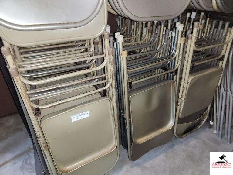 (48) METAL FOLDING CHAIRS ELDARADO BRONZE-COLORS VARY-USED CONDITION-STURDY-SHOW SOME RUST-GAP SHED image