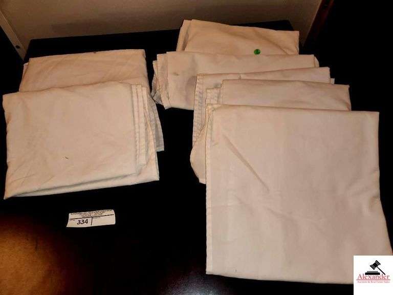 (7) WHITE RECTANGLE LINEN TABLECLOTHS- USED BUT CLEAN- SOME STAINS image
