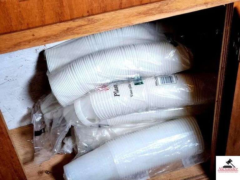 INVENTORY IN GAP BASE CABINETS - CLEANING SUPPLIES - NEW CUPS - SIGNS - NEW SHOT GLASSES  - BUD LITE CUPS - PLASTIC DRINKWARE CUPS (80 CT. TO BAG) image