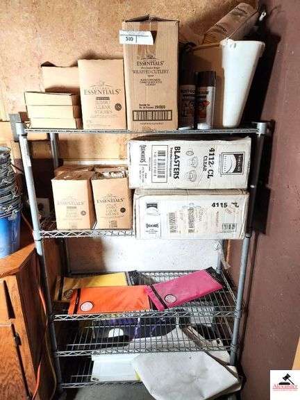 INVENTORY - ESSENTIALS WRAP PLASTIC CUTERY - NAPKINS - CLEAR STRAWS (7 BOXES ) - 2 BOXES SHOT GLASSES - POSTERS - PINK & YELLOW PLASTIC - PAPER COVERS   - ON RACK #126 (GAP) image