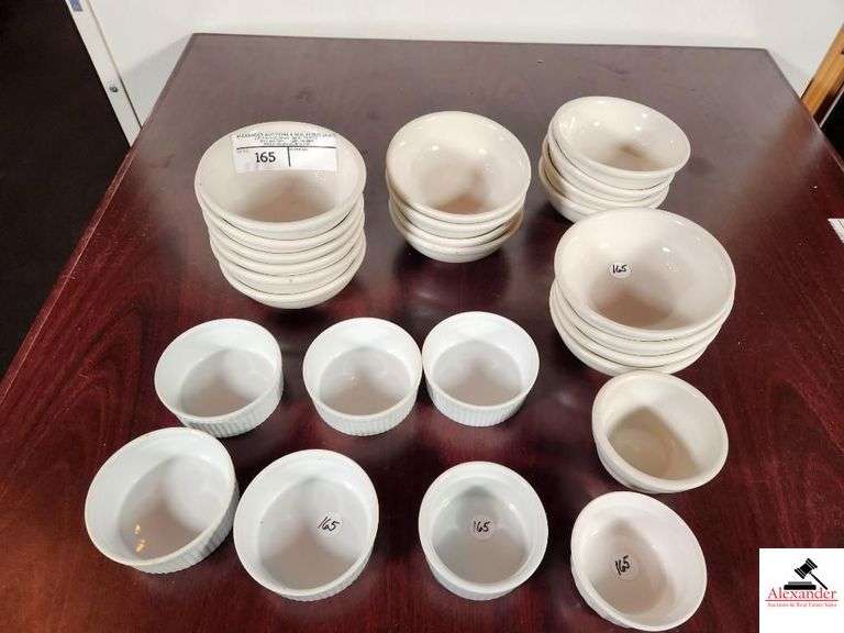 (18) GFS PROCELAIN WHITE ROUND BOWLS - 5 1/2"  - (12) CAC SERVING BOWLS - 4" APPOX. - SMALL DELCO SERVING   BOWL -  & CORNINGWARE 4 OZ. BOWL image