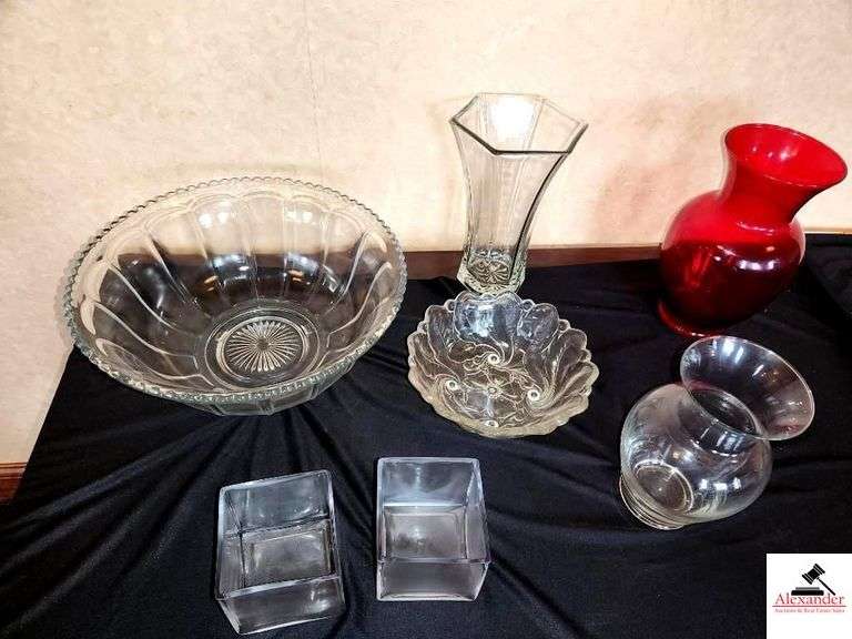 (11) CANDLE HOLDERS - PRESSED PUNCH BOWL - RUBY VASE - CLEAR VASE - FLOWER VASE - GLASS BOWL image