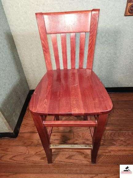 (6) SHAFER BAR CHAIRS-UPHOLSTERED SEATS CHAIRS ARE DARK MAHOGANY IN COLOR- TAPERED VASE SLAT BACK(BAR AREA) image