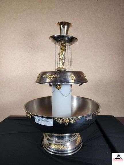 ELECTRIC CHOCOLATE FOUNTAIN - GOLD TRIM - LIGHTS UP AND MOTOR RUNS - BASE HAS MINOR CRACK IN HOLDING image