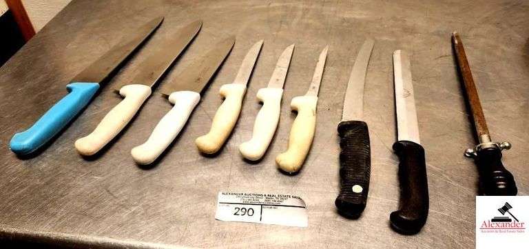 (8) KNIVES - HORNING ROCK - BROWN BASKET HALO -BAKER'S GERMAN STEEL   - BAKER'S & CHEF HIGH CARBON - (3) BAKER & CHEF TRIM KNIVES- SERATRED BLADE - HIGH MOUNTAIN OUTDOOR EDGE  - WHITE TUB - (KITCHEN) image