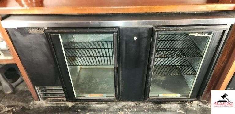 TRUE SUPERIOR PRODUCTS CO. BEVERAGE COOLER WITH LOCK - MODEL TBB-3G - DOUBLE GLASS DOOR - 69" WIDE X 37 1/2" TALL X 27" DEEP - SERIAL #1-4214702 - HIGH SIDE 312, LOW SIDE 140 - STAINLESS TOP - (BAR) image