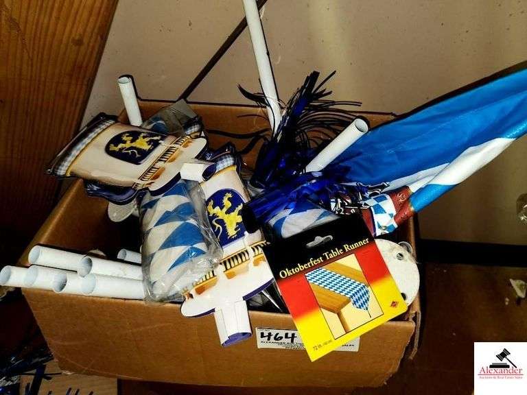 YUENGLING OCTOBERFEST DECORDATIONS(BANNERS, TABLE RUNNER), PARTY FAVORS, COSTUMES-INFLATABLE PALM TREE- INSTA THEME BEACH SECENE W/ SAND- (2) GRASS HULA SKIRTS- UPSTAIRS STORAGE CLOSET AT TOP OF STAIRS image