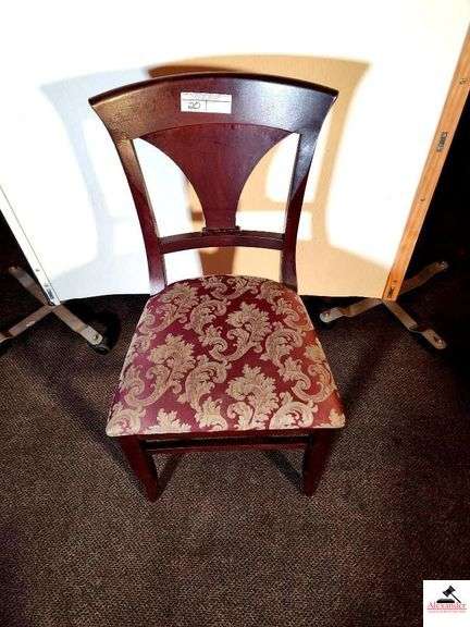 (8) SHAFER CHAIRS - UPHOLSTERED SEATS CHAIRS ARE DARK MAHOGANY STYLE COLOR - TAPERED VASE SLAT BACK (DOWNSTAIRS) image