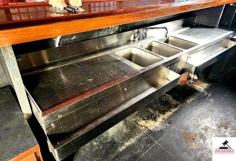 SUPREME METAL STAINLESS BAR SINK-TRIPLE SINKS MODEL #CRB-83C-2 LIQUOR SHELVES-42.5 IN(BAR) image