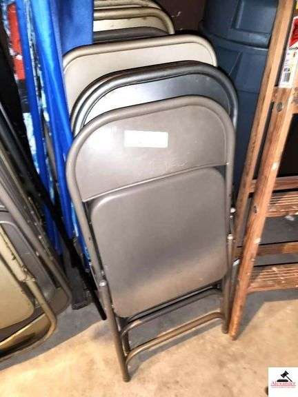 (18) METAL FOLDING CHAIRS ELDARADO BRONZE- COLORS VARY- USED CONDTION-STURDY-SHOW SOME RUST-GAP SHED image