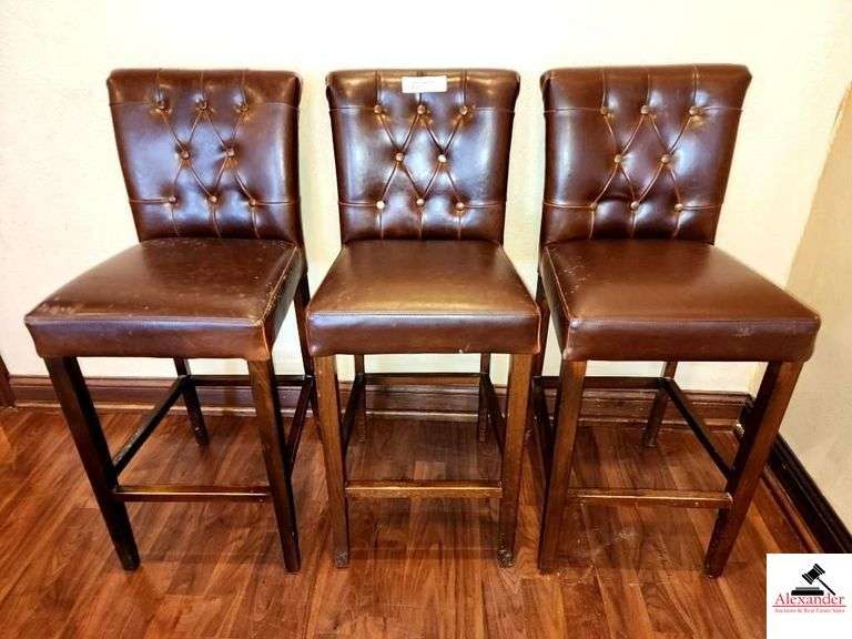 (3) BROWN LEATHER BAR CHAIRS- 30" TALL- APARTMENT image