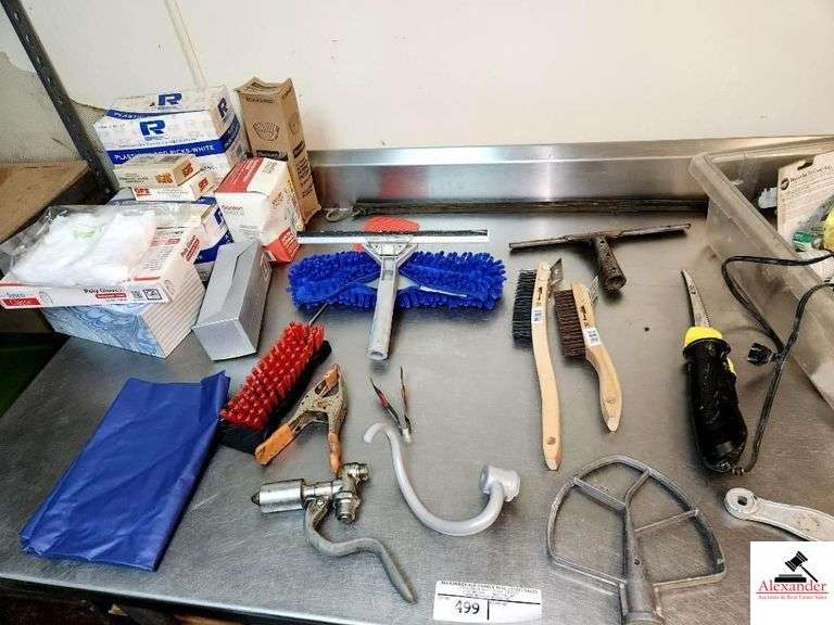 COMMERCIAL FOOD MIXER WHIP & STIRRER- 2 WIRE BRUSHES - SQUEEZEE MOP - PARTS - STRAWS & GLOVES SUPPLIES - MISC. - ELEC. KNIFE - RUBBER TIE STRAP image