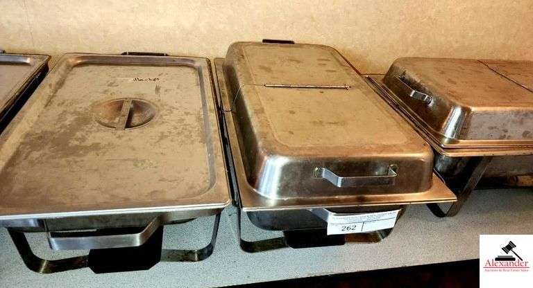 (2) CHAFER SERVING DISHES W/ RACK- (2) FOLDABLE LIDS-(2) FLAT LIDS image