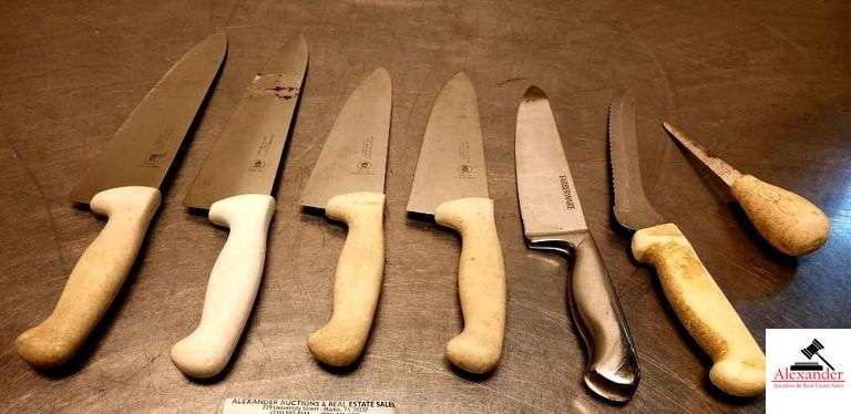 (4) BAKER & CHEF KNIVE -FAVORWARE STAINLESS KNIFE - RUSSEL INT. SERATED - OYSTER KNIFE  - image