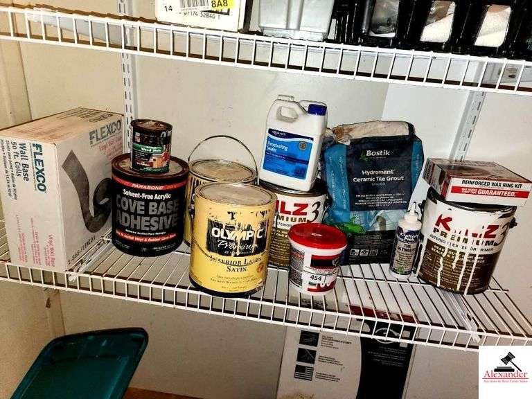 USED PAINT CANS-WHITE, TAN, PRIMER-WOOD STAIN-PENETRATING SEALER-SILICON SEALER-HALG BAG TILE GROUT-50FT COIL VINYL WALL BASE-5 GALLON BUCKET NUETRAL BASE PAINT-(CLEANING CLOSET UPSTAIRS) image