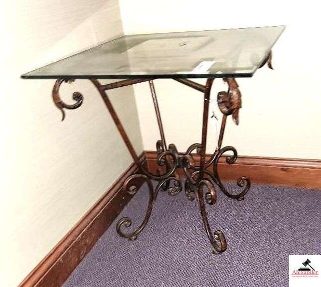 WROUGHT IRON 4 LEG SQUARE TABLE W/ GLASS TOP image