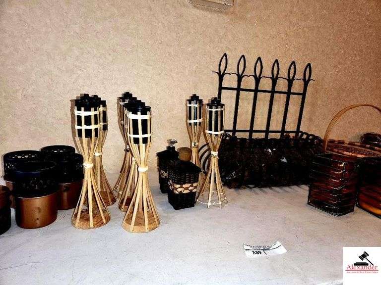 RAW IRON DECORATION BASKETS - (16) STRAW WITH METAL CANS - (4) COPPER BOTOMS - (2) WICKER STYLE BOTTOMS - (2) LEAD GLASS & BASKET (25 CANDLE HOLDERS) image